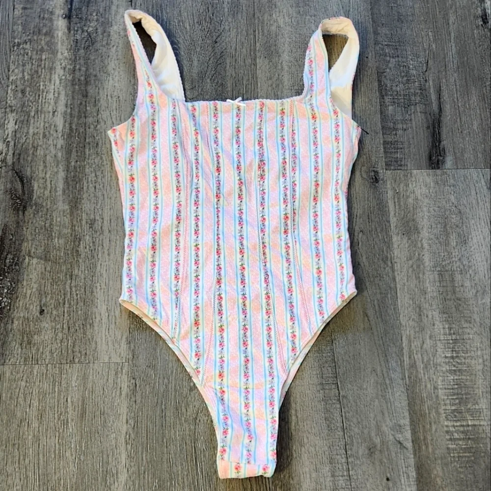 Frankie's Bikinis White One-Piece with Pink and Light Blue Floral Stripes
